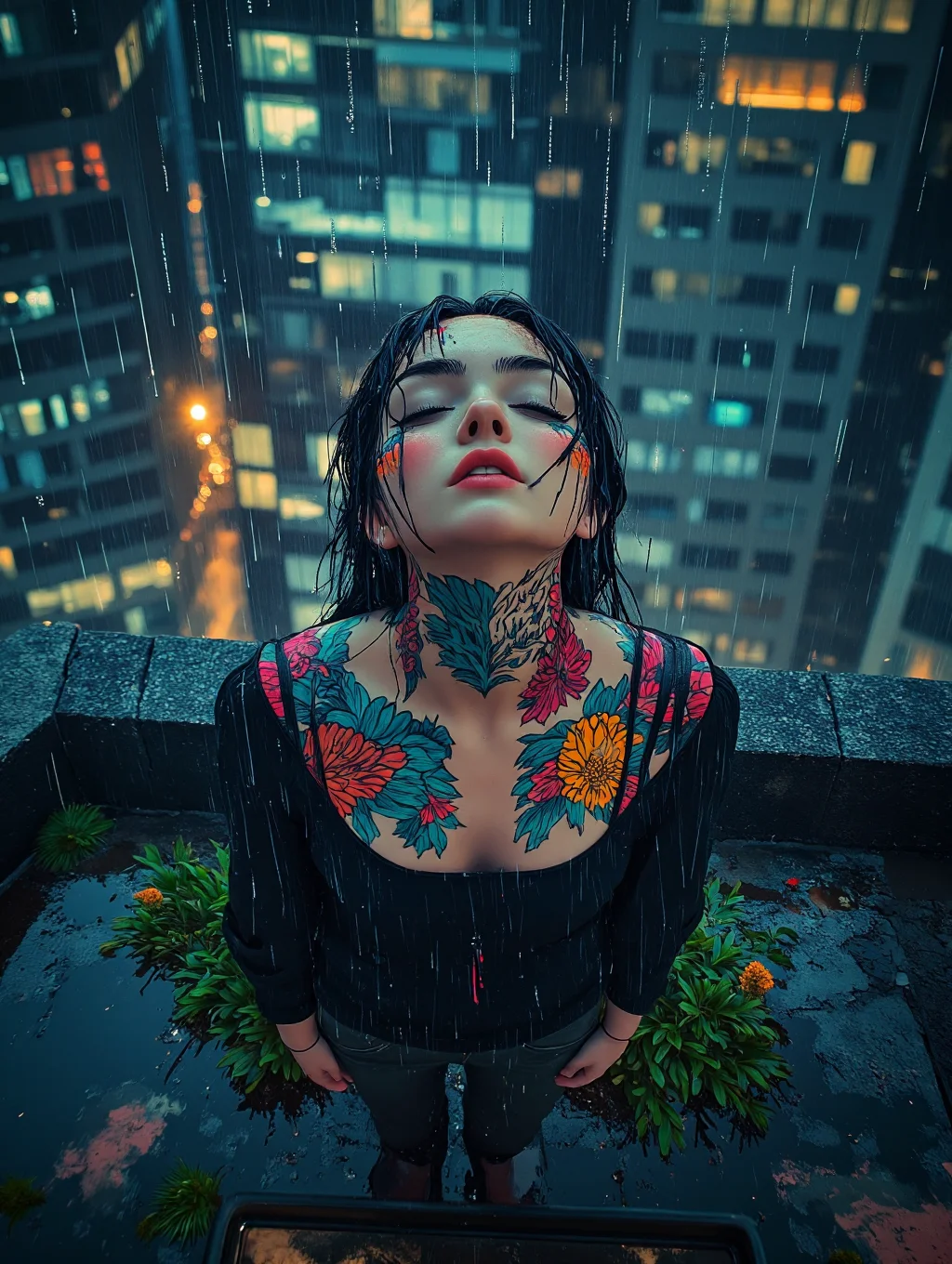 view from above, rooftop, russian woman standing with eyes closed, looking at camera, itâs raining, raindrops are pouring down on her face, Neon tattoos run across her face, suggesting a fusion of organic and artificial elements, Near the sun exotic plants break through asphalt, The surroundings resemble a high-tech metropolis with illuminated windows and blocks of data forming a complex, fragmented pattern. The image exudes a sense of dystopian mystery, combining cybernetic eroticism with digital surrealism, as if it emerges from or is absorbed by the virtual world., aidmaMJ6.1, <lora:aidmaMJ6.1_v0.5_3:0.7>, <lora:sameface2:-0.6>