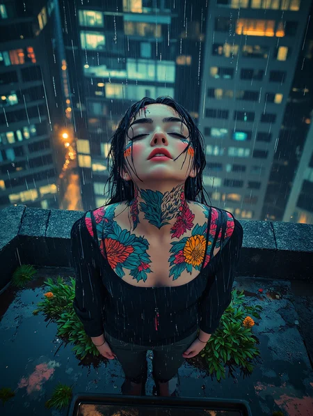 view from above, rooftop, russian woman standing with eyes closed, looking at camera, itâs raining, raindrops are pouring down on her face, Neon tattoos run across her face, suggesting a fusion of organic and artificial elements, Near the sun exotic plants break through asphalt, The surroundings resemble a high-tech metropolis with illuminated windows and blocks of data forming a complex, fragmented pattern. The image exudes a sense of dystopian mystery, combining cybernetic eroticism with digital surrealism, as if it emerges from or is absorbed by the virtual world., aidmaMJ6.1, <lora:aidmaMJ6.1_v0.5_3:0.7>, <lora:sameface2:-0.6>