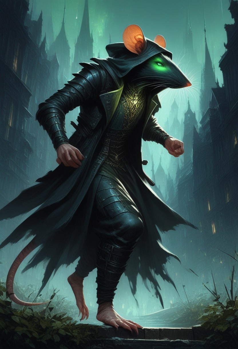 BREAK score_9, score_8_up, score_7_up,  victorian city, night, ominous, solo,  rat man, black longcoat, wearing goggles, green glow eyes, hood, dynamic pose, leaning forward, fully body shot , leather armour, sneaking, full body shot
(masterpiece, best quality, ultra detailed, intricate details:1.2), (detailed face:1.1), (rat folk:1.5)