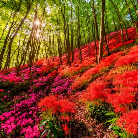 8k, UHD, beautiful background, no humans, forest, Higanbana are blooming all over, flower, bloom <lora:higanbanaXL:1>
