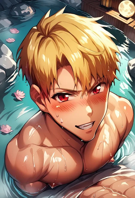 score_9, score_8_up, score_7_up, score_6_up, masterpiece, best quality, amazing quality, best aesthetic, absurdres, intricate details, source_anime, yaoi, gay, close-up BREAK blonde hair, red eyes, pixie cut, blush, looking at viewer, sweat, wet, pose, puffy nipples, huge pectorals BREAK onsen, cherry blossom, moon, s2lk3n, full moon