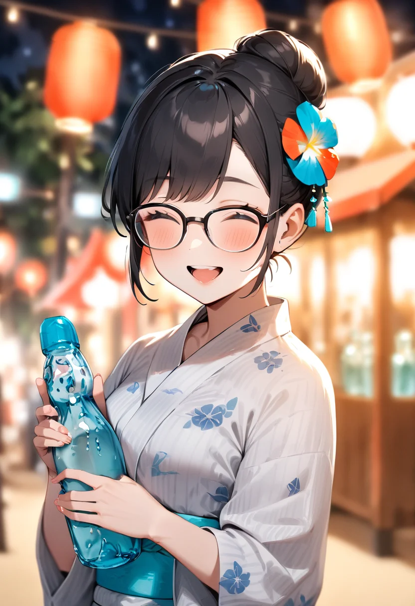 masterpiece, best quality, very aesthetic, absurdres,
ramune, food, bottle, 1girl, solo, holding bottle, blurry background, depth of field, holding, glasses, happy, smile, yukata, uchiwa, hair bun, hair ornament, hair flower, paper fan, paper lantern, night, summer, upper body,
<lora:ramune_SDXL_V1:1>