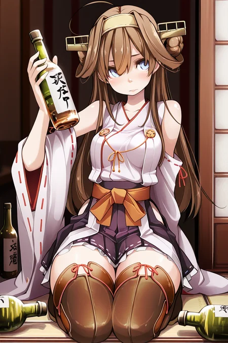 masterpiece, best quality, amazing quality,
 <lora:TNSK_IL:1> tnsk, 1girl, long hair, solo, brown hair, ahoge, skirt, hair bun, double bun, detached sleeves, thighhighs, headgear, ribbon trim, bottle, ribbon-trimmed sleeves, blue eyes, japanese clothes, thigh boots