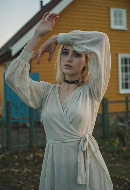 Pictorialist upper body portrait photo of slender estonian female, 21yo, with hypnotic light blue eyes and thin lips seen performing an aesthetic ballet motion. She has textured blonde hair and black goth makeup and stylish eyeliner, wearing everyday chiffon wrap dress, together with a collar necklace. Set in a cottagecore dream in front of a colorful cabin with a fence-gate leading into a garden, on a misty sunny sunrise in autumn, with an absent-minded attitude. With artificial three point lighting, film grain, highly detailed