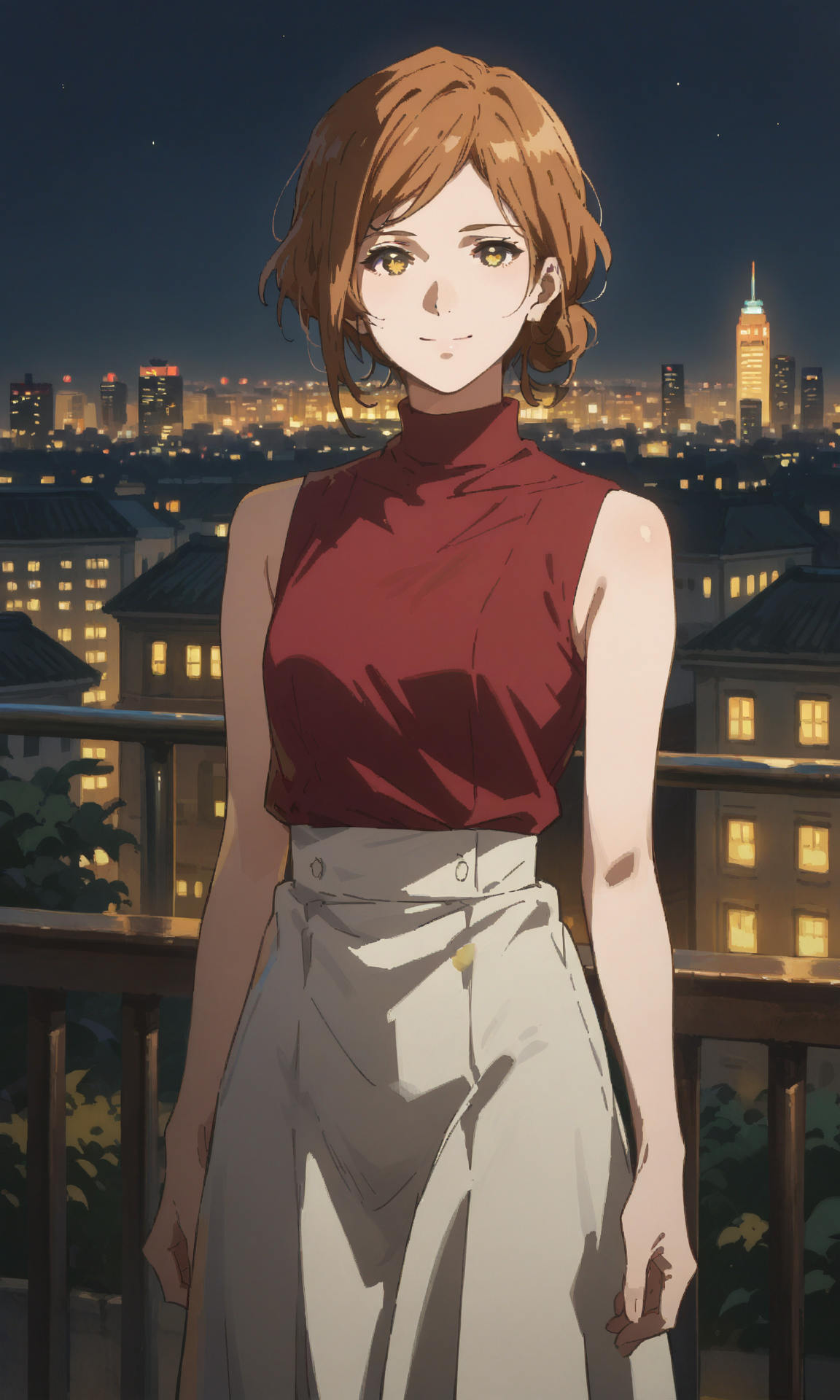 score_9, score_8_up, score_7_up, score_6_up, source_anime, mvirma, 1girl, yellow eyes, brown hair, solo, short hair, single hair bun, sidelocks, sleeveless shirt, turtleneck shirt, red shirt, smile, closed mouth, skirt, long skirt, white skirt, looking at viewer, cowboy shot, city, night, railing, leaning back
