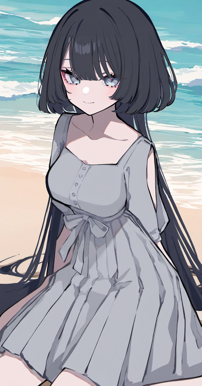 kuragecut,1girl,solo,blush,smile,((bob_cut,very long hair, long hair)),looking at viewer ,black hair, best_quality,masterpiece,modern,beach, sunny, waves,water,sand,outdoors,sunny,sitting,wariza,breasts, bare shoulders, collarbone, medium breasts, upper_body,hair between eyes ,Pleated midi sundress with a square neckline and cap sleeves
<lora:kuragecut_v1_illustrious_xl:1>, (sarasadou dan:1.05), (lam \(ramdayo\):0.907), (mochizuki kei:0.9524), (cierra \(ra-bit\):0.907)