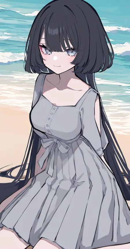 kuragecut,1girl,solo,blush,smile,((bob_cut,very long hair, long hair)),looking at viewer ,black hair, best_quality,masterpiece,modern,beach, sunny, waves,water,sand,outdoors,sunny,sitting,wariza,breasts, bare shoulders, collarbone, medium breasts, upper_body,hair between eyes ,Pleated midi sundress with a square neckline and cap sleeves
<lora:kuragecut_v1_illustrious_xl:1>, (sarasadou dan:1.05), (lam \(ramdayo\):0.907), (mochizuki kei:0.9524), (cierra \(ra-bit\):0.907)