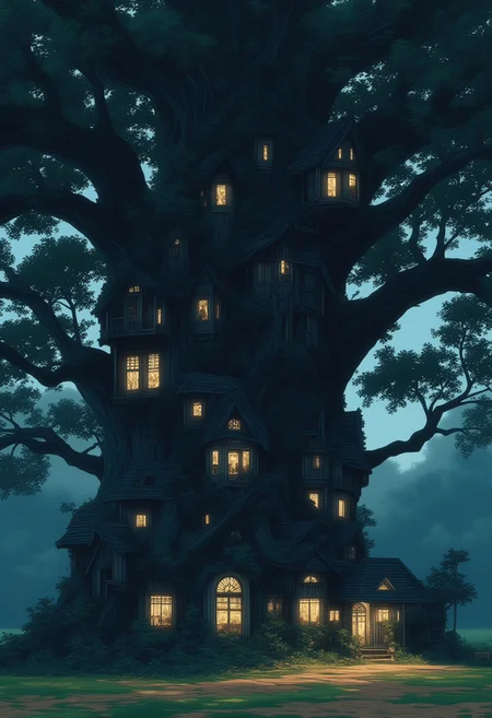 <lora:NeonFantasyPrimeFLUX-000049:1> ne0nfant4sy,
A massive tree with a trunk as wide as a house, with homes and shops built into its branches and lights glowing from the windows.