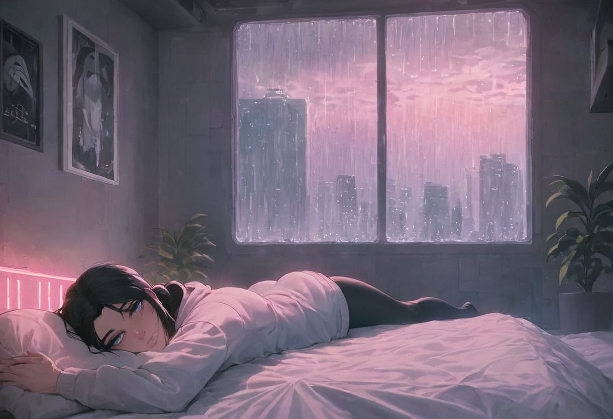 score_9,score_8_up,score_7_up,score_6_up, 1girl, 
 sitting in bed next to a large window, steaming coffee cup on windowsill, wearing croptop hoodie, black croptop hoodie, long hair, black hair, low ponytail hairstyle, pov from outside, view from putside the window looking into the room, looking out window, head resting on pillow laying on the bed, hoodie, plants on the windowsill, looking out the window, looking at viewer, background is the bedroom, tidy bedrrom, small room, cramped bedroom, teddies on the bed,, wearing legging, see through thights, black tights, cyberpunk city view out of the window, raining outside, heavy rain outside, neon light, purple neon lights, cat on the bed, pet cat in the room, pet cat sleeping on the bed