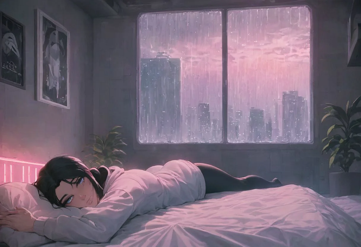 score_9,score_8_up,score_7_up,score_6_up, 1girl,
sitting in bed next to a large window, steaming coffee cup on windowsill, wearing croptop hoodie, black croptop hoodie, long hair, black hair, low ponytail hairstyle, pov from outside, view from putside the window looking into the room, looking out window, head resting on pillow laying on the bed, hoodie, plants on the windowsill, looking out the window, looking at viewer, background is the bedroom, tidy bedrrom, small room, cramped bedroom, teddies on the bed,, wearing legging, see through thights, black tights, cyberpunk city view out of the window, raining outside, heavy rain outside, neon light, purple neon lights, cat on the bed, pet cat in the room, pet cat sleeping on the bed