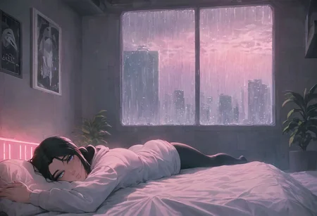 score_9,score_8_up,score_7_up,score_6_up, 1girl,
sitting in bed next to a large window, steaming coffee cup on windowsill, wearing croptop hoodie, black croptop hoodie, long hair, black hair, low ponytail hairstyle, pov from outside, view from putside the window looking into the room, looking out window, head resting on pillow laying on the bed, hoodie, plants on the windowsill, looking out the window, looking at viewer, background is the bedroom, tidy bedrrom, small room, cramped bedroom, teddies on the bed,, wearing legging, see through thights, black tights, cyberpunk city view out of the window, raining outside, heavy rain outside, neon light, purple neon lights, cat on the bed, pet cat in the room, pet cat sleeping on the bed