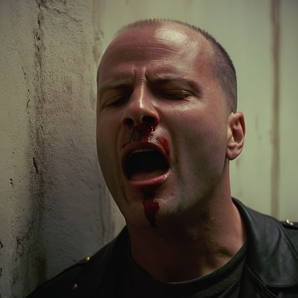 cinematic film still of  <lora:Pulp Fiction style:1>
Butch Coolidge a bald man with a bleeding face and a wound on his face leaning behind a wall with open mouth closed eyes and tired look on his face,closeup,solo,open mouth,1boy,closed eyes,male focus,teeth,tears,blood,crying,portrait,realistic , 1990's, 90's, film, cinematic, famous iconic scene, crime and violence, classic, graphic violence, Kodak film, motion picture image,Pulp Fiction style, Pulp Fiction Film style, shallow depth of field, vignette, highly detailed, high budget, bokeh, cinemascope, moody, epic, gorgeous, film grain, grainy