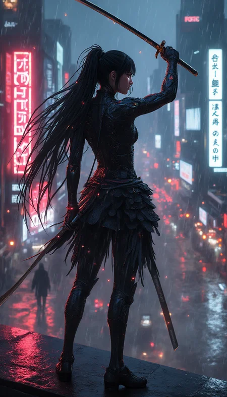 An image of a fierce Cyberpunk Samurai Goddess standing poised in a battle-ready stance on the edge of a rain-soaked rooftop, her glowing katana raised with precision as she prepares to strike, her cybernetic eyes scanning the horizon for enemies. Her long, flowing hair, interwoven with luminous fiber optics, streams behind her in the wind. The city below her is alive with neon signs and holographic advertisements, casting vibrant reflections on the wet surfaces around her. Raindrops sizzle as they hit her armor, creating tiny sparks of light, while her intricate, tech-infused samurai armor hums with energy. The scene captures the tension of the moment, as she balances between the ancient code of the samurai and the relentless advance of technology, illuminated by moody, high-contrast lighting that highlights the interplay of neon lights and deep shadows, creating a dramatic and cinematic atmosphere, extremely detailed, 10k high resolution, realistic cartoon, in the style of digital painting, cybernetic sculpture, ink sketch, cyberpunk art, Japanese ukiyo-e, neo-futurism and in the style of Katsuhiro Otomo, Syd Mead