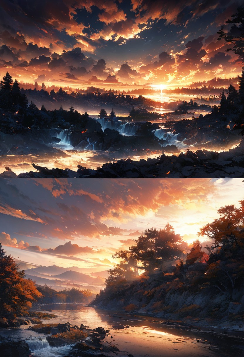 Breathtaking views, nostalgia, detailed landscape, captivating, a harmony of nostalgia and innovation, great lighting, Nature, autumn leaves, fall, forests, A wooden boat is going down a fast flowing river, the light from sun lit up the river, sun, sunlight, beautiful rivers, double exposure, beautiful view, mysterious glow, beautiful clouds, depth of field, masterpiece, best quality, 8k, ultra-detailed, very aesthetic, illustration, superb composition, finest details, , intricate details, absurdres, high contrast, RAW, concept art,