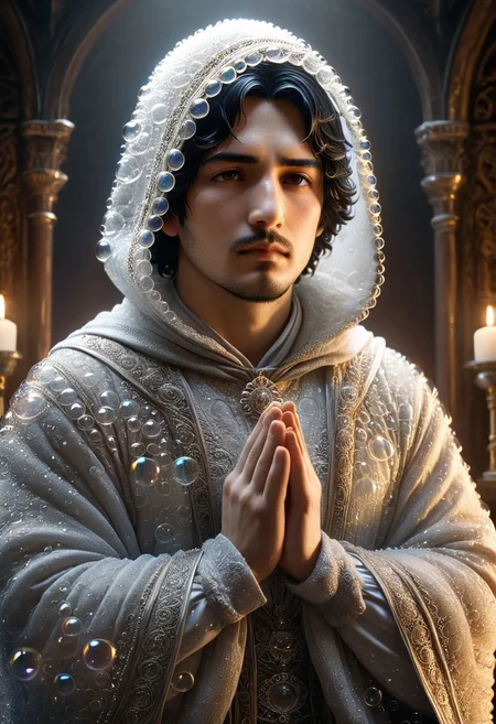 cinematic portrait, a man with hood praying statue made_of_bubbles, statue of torithor(1boy, bara, short hair, black hair, brown eyes, facial hair), intricate carvings covered with flower, dim candlelight flickering across weathered features, hyper-detailed fabric folds, volumetric fog, gothic atmosphere, 8k resolution, unreal engine 5, photorealistic, dramatic chiaroscuro lighting, bubbles, colorful bubbles