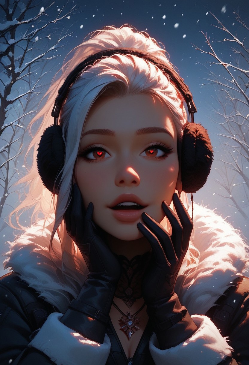 score_9, score_8_up, score_7_up, score_6_up, 1girl, solo, breasts, necklace, sexy face, ponytail hairstyle, winter coat, earmuffs, gloves, winter boots, white hair, long hair, red eyes, shy, beautiful lights, flirtatious, looking at viewer, seductive, Outside, snowing, snowflakes falling, 
going in for a kiss, about to kiss, heart shaped eyes, dreamy, in love, gasp, excited, 
View from the front, face focus, closeup, close up,