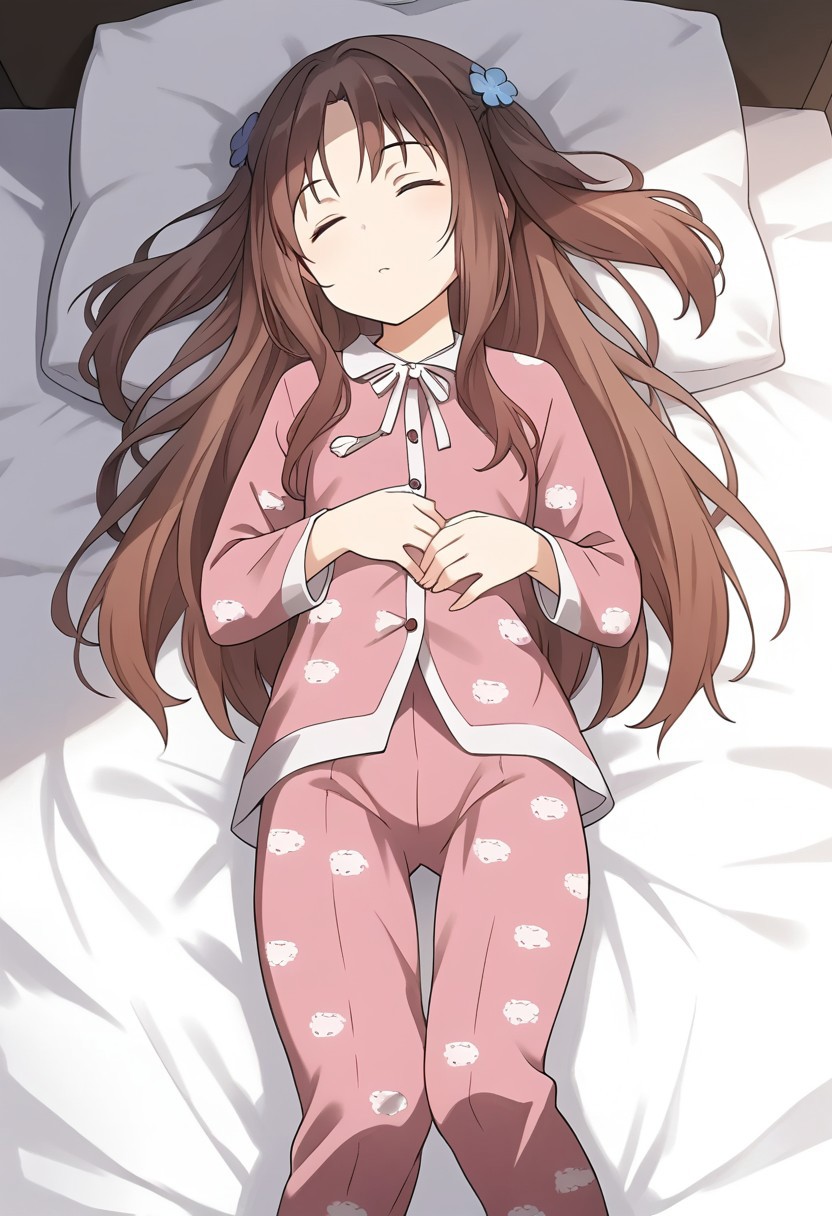score_9,score_8_up,score_7_up,best quality, 4k, rating_safe, very aesthetic, source_anime, 
1girl,
<lora:Hozuki_Ferrari:0.9>,hozuki_ferrari,sleeping,brown hair,long hair,two side up,hair ornament,hair flower,(print pajamas:1.6),
dynamic angle,
cowboy shot,bed,lying,feet,