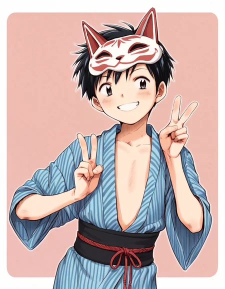 score_9, score_8_up, score_7_up, score_6_up, source_anime, pink background, white border, white outline, 1boy, solo, young, smile, japanese clothes, yukata, smiling, upper body, mask on top of head, peace sign <lora:boys_factoryXL_AMXL_v3b:0.9>