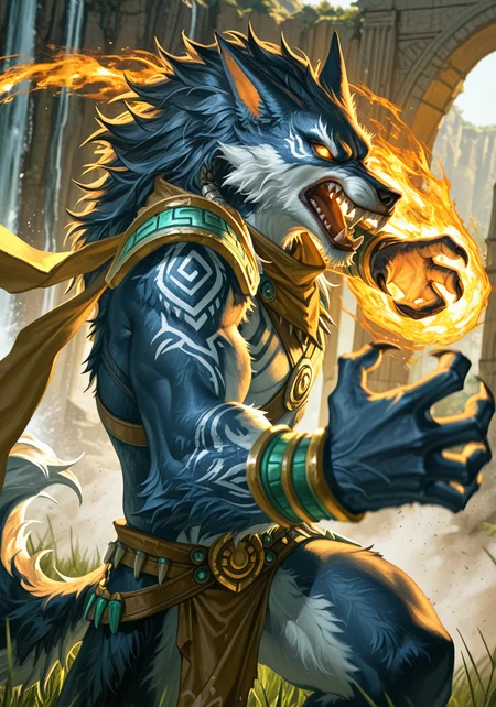 solo, furry, muscular, fenrir \(smite\), loincloth, motion lines, action pose, attack, open mouth, angry, furred armor, tattoo, scarf, dutch angle, side view, half-length portrait, foreshortening, fire, (dust particles effect:1.25), BREAK, masterpiece, best quality, high quality, realistic, photorealism, [(by Quasarcake:1.25):by Rei \(Sanbonzakura\):0.85], detailed background, detailed foreground, depth of field, backlighting, [:grass, jungle cavern, arch ruins temples, cliff, waterfall:0.15]