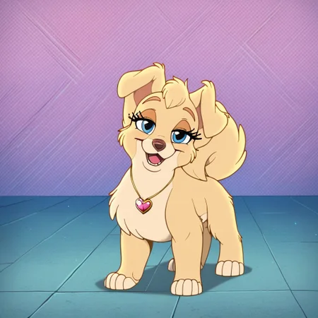 score_7, score_8, score_9, angellat, dog, (((light yellow fur))), full body, solo, three-quarter view, body fur, blue eyes, female, solo, feral, furry, fluffy, hight definition, pink heart necklace, hyper detailed, best quality, amazing quality, 1girl, cute, cute smile, cute pose, 8k, masterpiece, eyelashes, half-closed eyes, angellat, dog, yellow fur, body fur, blue eyes, looking at viewer, sweety pose, reddened in the face, happy, smiling, sweet, friendly, flirty, playful, open mouth, adorable, colorful, <lora:Furry_Enhancer Chroma V1:1>