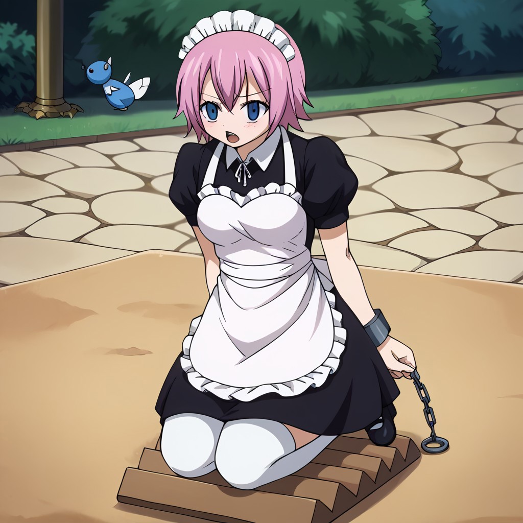 score_9, PonyXLV6_Scores, <lora:fairytail-virgo-s7-ponyxl-lora-nochekaiser:1>,maid virgo, short hair, bangs, blue eyes, pink hair, thighhighs, dress, short sleeves, shoes, puffy sleeves, black footwear, apron, black dress, white thighhighs, puffy short sleeves, zettai ryouiki, maid, maid headdress, white apron, maid apron, cuffs, enmaided, handcuffs,, maid, solo <lora:Fairy_Tail-Virgo-PDXL:0.8>, kneelingtorture, blushed, moaning expression, clear white stockings