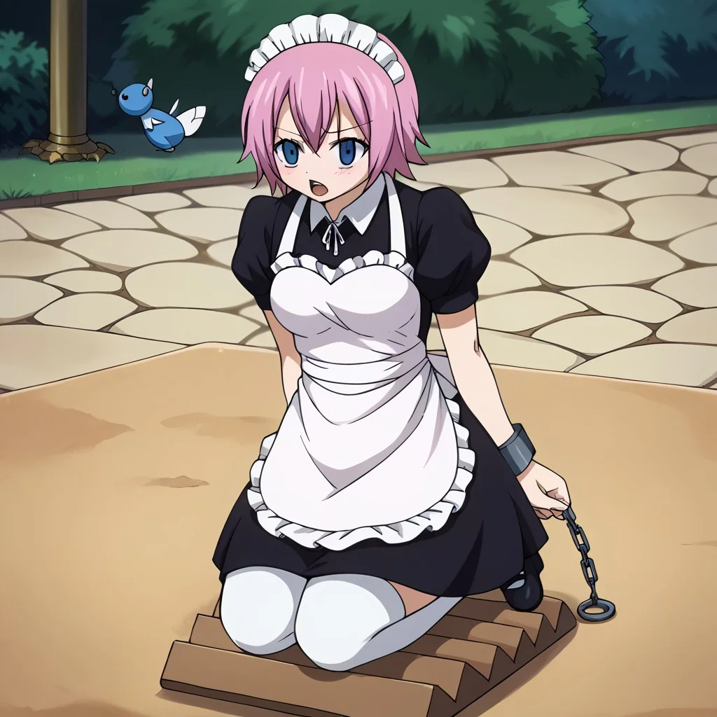 score_9, PonyXLV6_Scores, <lora:fairytail-virgo-s7-ponyxl-lora-nochekaiser:1>,maid virgo, short hair, bangs, blue eyes, pink hair, thighhighs, dress, short sleeves, shoes, puffy sleeves, black footwear, apron, black dress, white thighhighs, puffy short sleeves, zettai ryouiki, maid, maid headdress, white apron, maid apron, cuffs, enmaided, handcuffs,, maid, solo <lora:Fairy_Tail-Virgo-PDXL:0.8>, kneelingtorture, blushed, moaning expression, clear white stockings