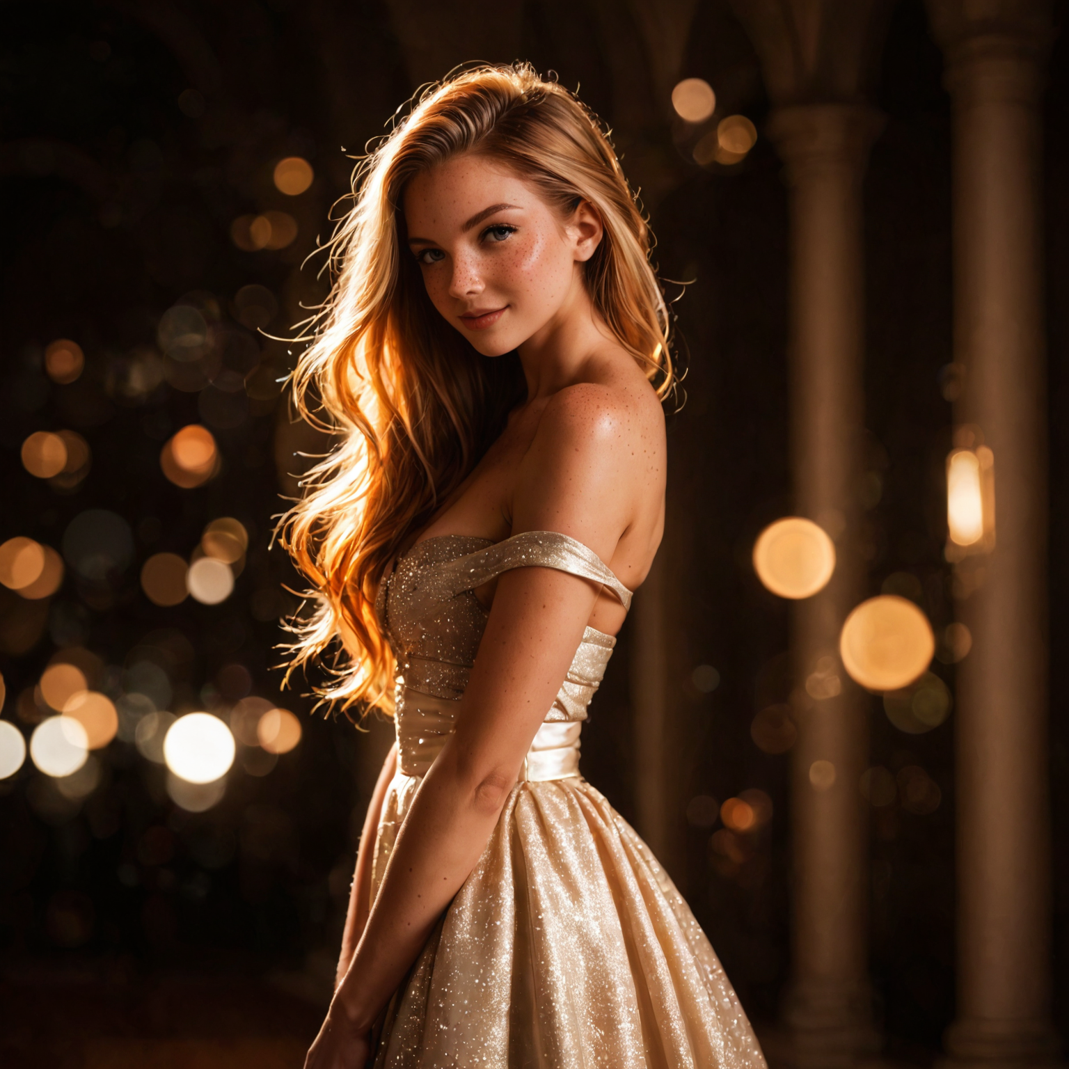 safe_pos, safe_pos, score_9, score_8_up, score_7_up, masterpiece, high quality, hyper realistic, 8k, detailed face, detailed eyes, (warm colors, bokeh, Natural skin, Freckles) BREAK 
cowboy shot, tall very skinny supermodel looking softly at the viewer, blonde or brown or ginger hair, cute face, elegant nose, thin waist, off-shoulder fashionable clothing with a hint of innocence and grace, elegant skirt, side view,
perfect lighting, studio photography,