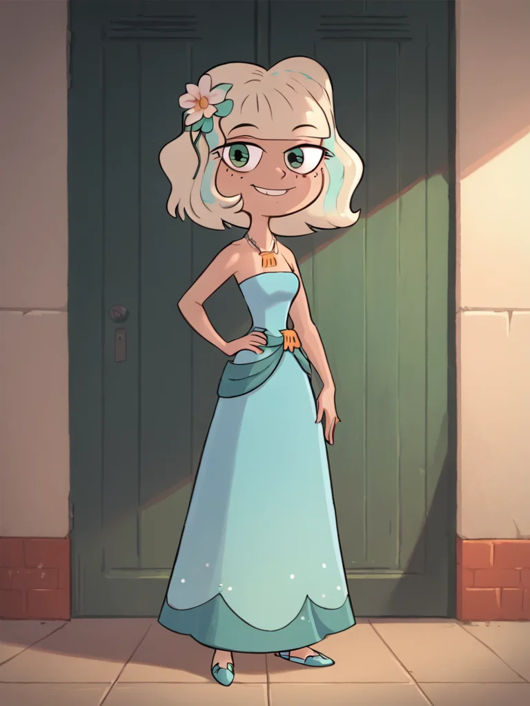 <lora:JackieLPony1.0:0.9> JackieL, 1girl, solo, flower, dress, hair ornament, smile, blonde hair, shell necklace, full body, shadow, short hair, hand on hip, looking at viewer, standing, multicolored hair, green eyes,standing,cowboy shot,looking at viewer,<lora:Smooth Anime Style LoRA XL:1> toon \(style\), score_9, score_8_up, score_7_up, score_6_up