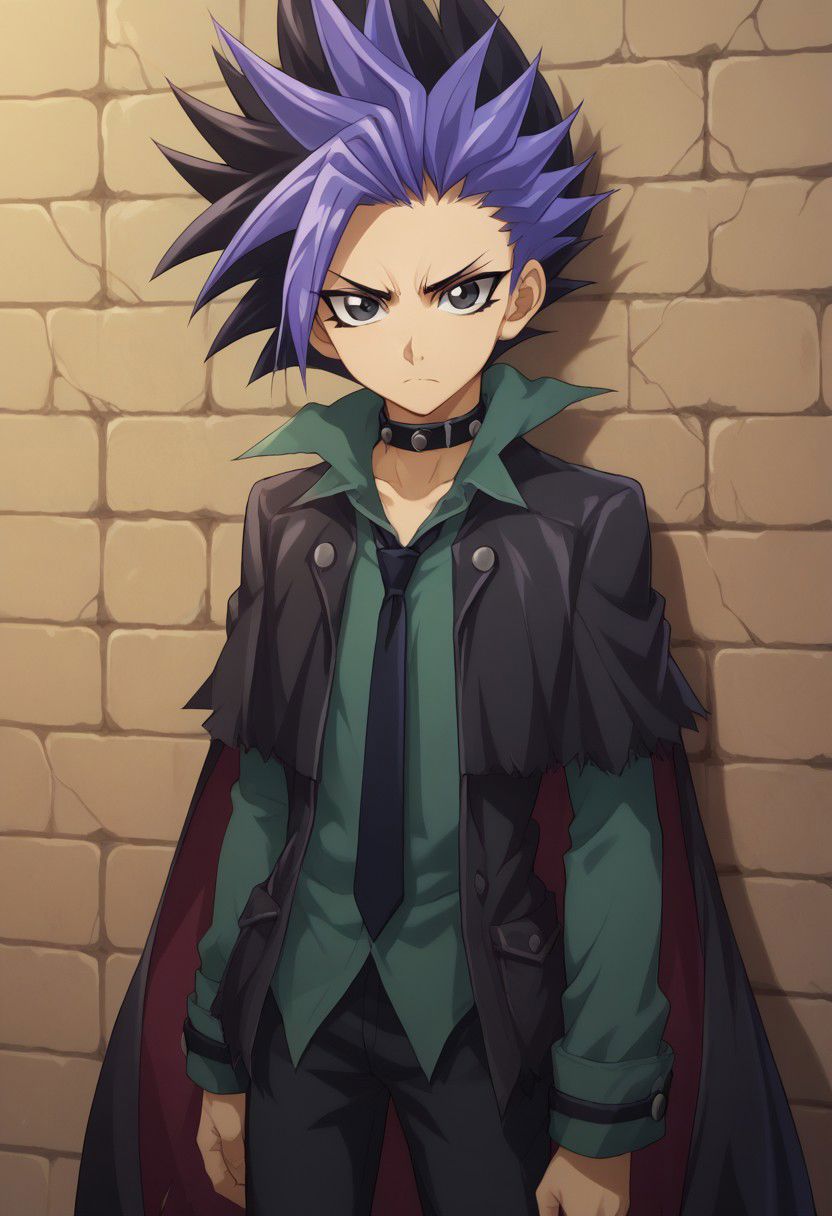 score_9, score_8_up, score_7_up, source_anime, highly detailed, 
yuto, 1boy, male focus, solo, black hair, spiked hair, multicolored hair, necktie, shirt, looking at viewer, black eyes, purple hair, collar, dyed bangs,
frown, black hair, two-tone hair, choker, bangs, coat, thorn clothes, shoes, black shoes
outdoor, wall, cracks,