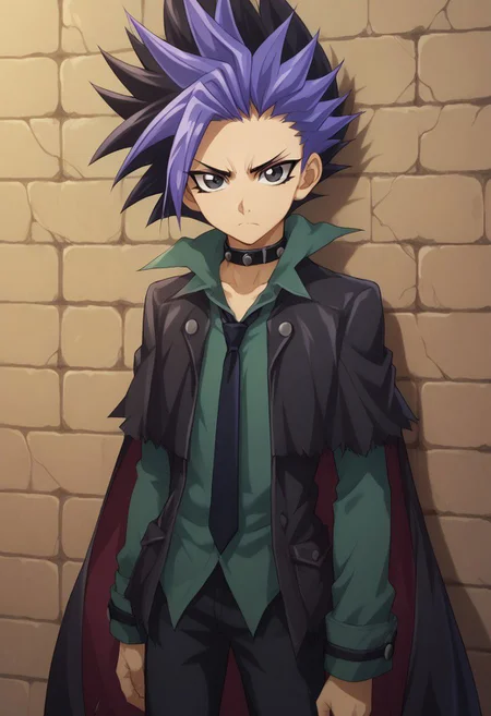 score_9, score_8_up, score_7_up, source_anime, highly detailed,
yuto, 1boy, male focus, solo, black hair, spiked hair, multicolored hair, necktie, shirt, looking at viewer, black eyes, purple hair, collar, dyed bangs,
frown, black hair, two-tone hair, choker, bangs, coat, thorn clothes, shoes, black shoes
outdoor, wall, cracks,