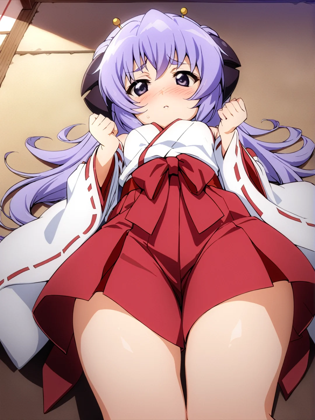 masterpiece, best quality, <lora:0r0P00W0n0j0O0kqLSDXL_LoRA_V1:1>, 1girl, hanyuu, solo, japanese clothes, miko, horns, purple eyes, skirt, hakama, purple hair, hakama skirt, long hair, detached sleeves, red hakama, blush