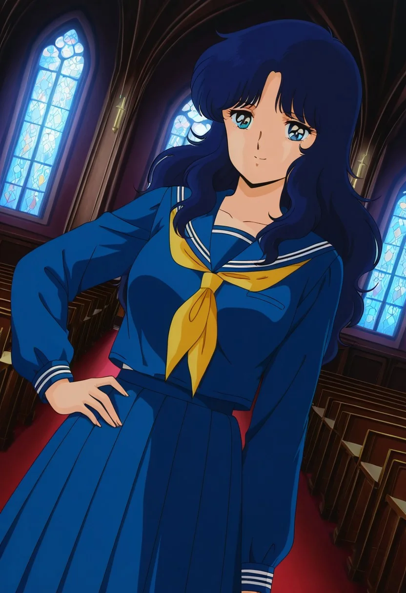 general,highres, ultra-detailed,very aesthetic,best quality ,best hands,best eyes,easynegative,
dynamic anglre, dutch angle, anime cloring,anime screencap,
1girl solo,looking at viewer,smile,hand on hip,church, indoors, dark room,
Naomi Hayakawa,navy blue_hair, long_hair, wavy hair, blue_eyes large_breasts, 1980s (style),school uniform,