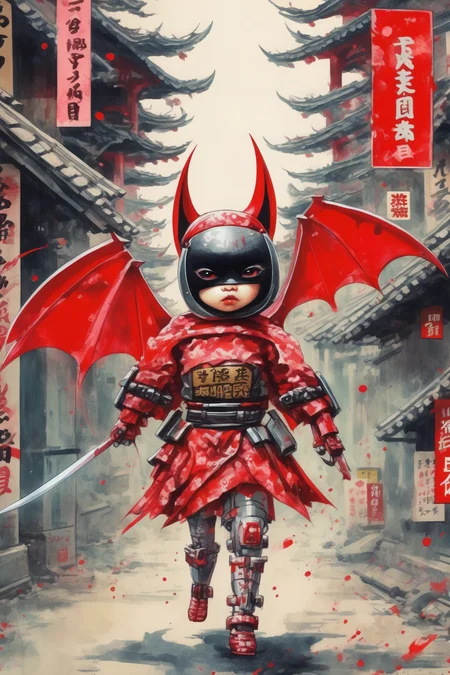 <lora:Liam Wong Style:1>Liam Wong Style - lil robot bat girl, katana wielding, vicious, angry, covered in red paint from her journey, futuristic robot suit, walking through the towns of 1800s Nagasaki