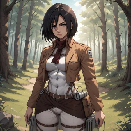 score_9, score_8, BREAK, solo, mikasa ackerman, 1girl, grey eyes, medium hair, black hair, bangs, short brown jacket, long sleeve white shirt, grey fitted pants with straps, brown thigh boots, breasts, masterpiece, shingeki no kyojin, sexy pose, self portrait, smile, outdoors, sunlight, shadows, evening lighting, natural lighting, forest, trees, grass, orange sky, sunset