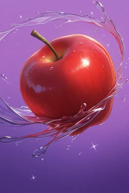 realistic shading, natural lighting, food focus, dafoodie, sparkling food focus, sparkle, floating red apple, dewdrop, water droplet, water, wet, simple plain purple background, centered, dutch angle, dynamic angle, intricately detailed illustration, depth of field, atmospheric perspective, masterpiece, best quality, amazing quality, very aesthetic, absurdres, newest