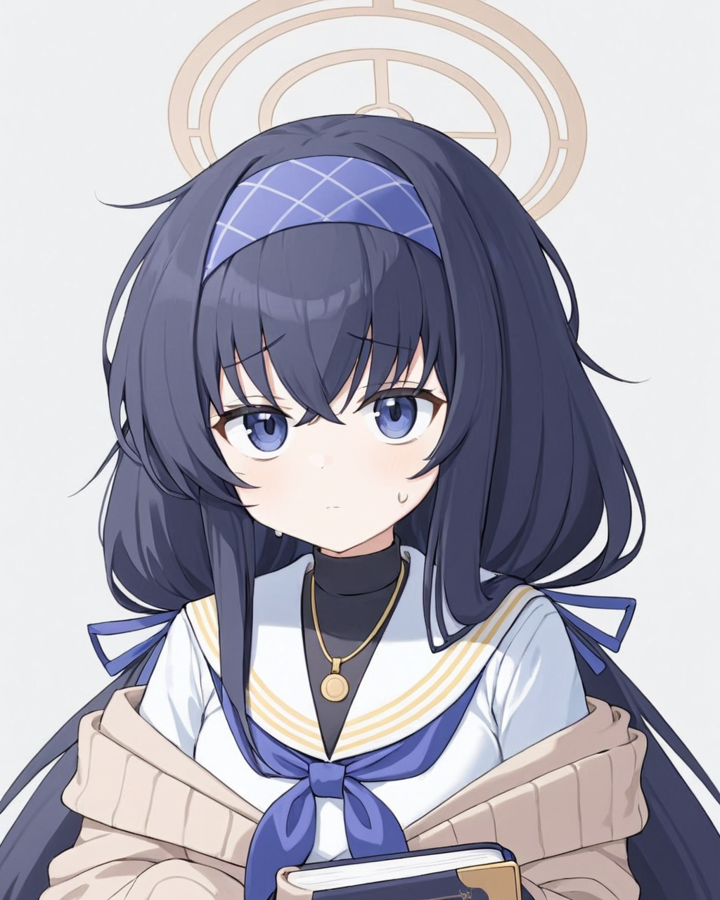 ui \(blue archive\),1girl, solo, simple_background, halo, white_background, holding_book, blue_hairband, blue_neckerchief, upper_body, closed_mouth, looking_at_viewer, necklace, cardigan, hair_ribbon, long_sleeves, white_sailor_collar, serafuku, sweat, blue_ribbon, low_twintails
<lora:ui_(blue_archive)_image2537_2023-11-28:1>halo. gorgeous,key visual, vibrant, studio anime,award-winning, professional, highly detailed,high budget, cinemascope