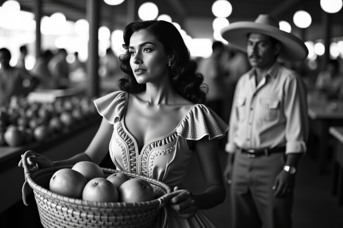 <lora:Mexican Noir Style-flux:1> mxnoirsty, black and white, dark,  The Mysterious Woman in the Marketplace (Classic 50s Noir Lighting, Soft Bokeh for Dreamlike Effect)
A breathtaking woman in a traditional Mexican embroidered dress walks through a bustling mercado, her gaze fixed on somethingâor someoneâjust beyond the frame. She holds a woven basket filled with fresh mangoes, her dark eyes framed by long lashes. Behind her, a man in a light guayabera shirt and Panama hat watches her intently from the shadows. The shot is taken with a classic 1950s Zeiss Ikon camera, using a soft bokeh effect that makes the crowded market blur into a dreamlike haze, drawing all attention to her enigmatic presence.