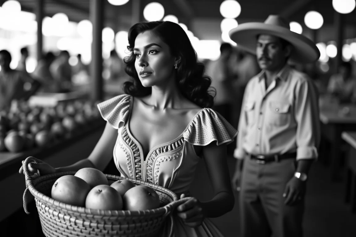 <lora:Mexican Noir Style-flux:1> mxnoirsty, black and white, dark, The Mysterious Woman in the Marketplace (Classic 50s Noir Lighting, Soft Bokeh for Dreamlike Effect)
A breathtaking woman in a traditional Mexican embroidered dress walks through a bustling mercado, her gaze fixed on something—or someone—just beyond the frame. She holds a woven basket filled with fresh mangoes, her dark eyes framed by long lashes. Behind her, a man in a light guayabera shirt and Panama hat watches her intently from the shadows. The shot is taken with a classic 1950s Zeiss Ikon camera, using a soft bokeh effect that makes the crowded market blur into a dreamlike haze, drawing all attention to her enigmatic presence.