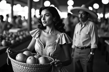 <lora:Mexican Noir Style-flux:1> mxnoirsty, black and white, dark, The Mysterious Woman in the Marketplace (Classic 50s Noir Lighting, Soft Bokeh for Dreamlike Effect)
A breathtaking woman in a traditional Mexican embroidered dress walks through a bustling mercado, her gaze fixed on somethingâor someoneâjust beyond the frame. She holds a woven basket filled with fresh mangoes, her dark eyes framed by long lashes. Behind her, a man in a light guayabera shirt and Panama hat watches her intently from the shadows. The shot is taken with a classic 1950s Zeiss Ikon camera, using a soft bokeh effect that makes the crowded market blur into a dreamlike haze, drawing all attention to her enigmatic presence.