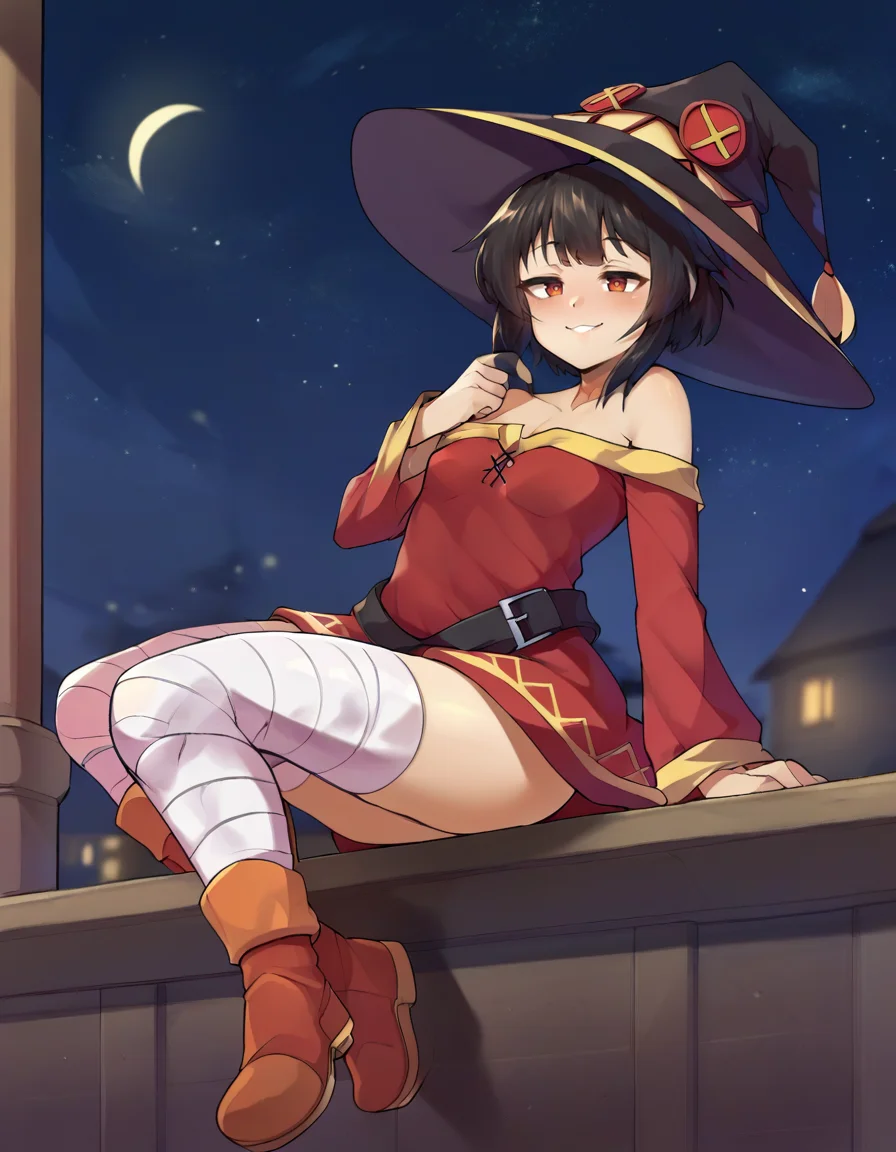 score_9, score_8_up, score_7_up, score_6_up, score_5_up, score_4_up, source_anime, BREAK <lora:Sinensian_Artist_Style_PonyXL_E16:1>,
solo, cute smile, red_eyes, megumin, small_breasts, half-closed_eyes,witch_hat,bandaged_leg,night_sky, moonlight, leaning on the balcony ,