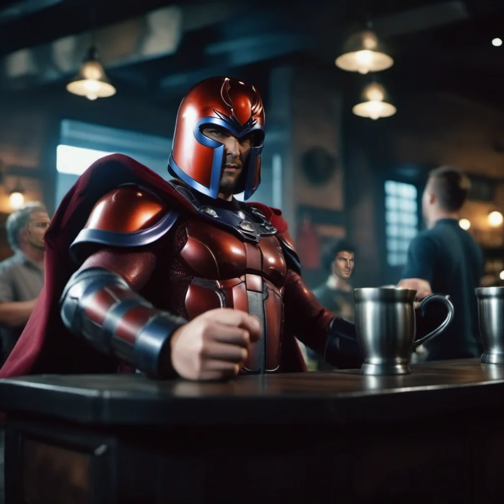 cinematic photo a man with a helmet and a cape is look intensely, opened hands casting a spell, a metal mug on a counter in a pub <lora:Magneto1024:0.8> . 35mm photograph, film, bokeh, professional, 4k, highly detailed