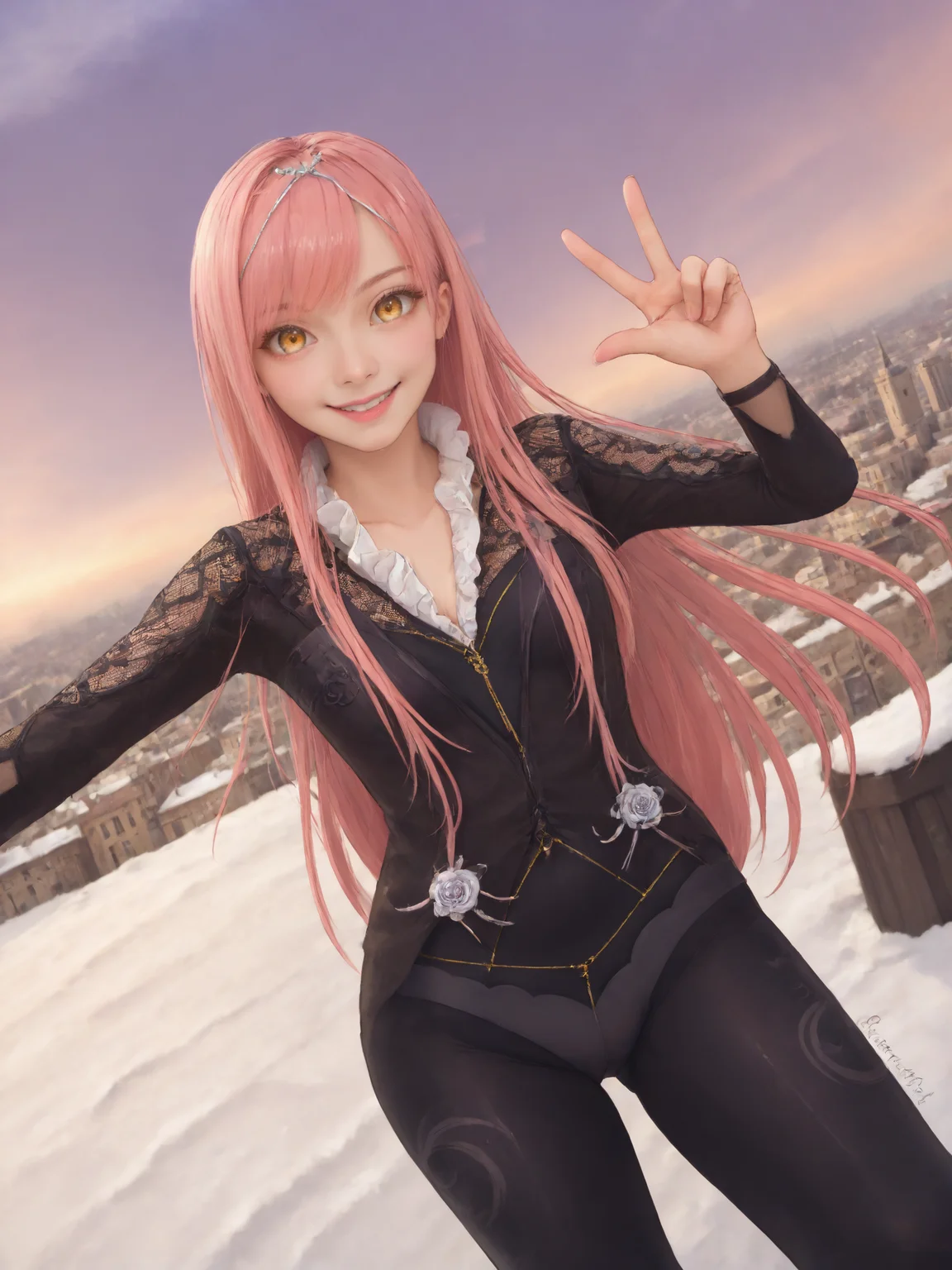 score_9, score_8_up, score_7_up, BREAK,
1girl, solo, BREAK,
cnocnariabhfate, yellow eyes, black dress, pink hair, black pantyhose, <lora:Cnoc_na_Riabh:0.8>, BREAK,
smile, looking at viewer, selfie, v, peace sign, reaching towards viewer, hand out of frame, BREAK,
from above, dutch angle, outdoors, snow, purple sky, city, stone castle, skyline