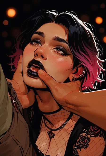 score_9, score_8_up, score_8_up, 1 latina girl, depth of field, raw, focus on throat, (hand around throat), bokeh effect, close up shot, intimate shot, posing, arched back, cute adorable goth girl, pastel hair, nsfw, lace, large natural breasts, fishnet, thick thighs, narrow waist, big natural breasts, cotton clothes, view from above, (grab her throat), (male out of frame)