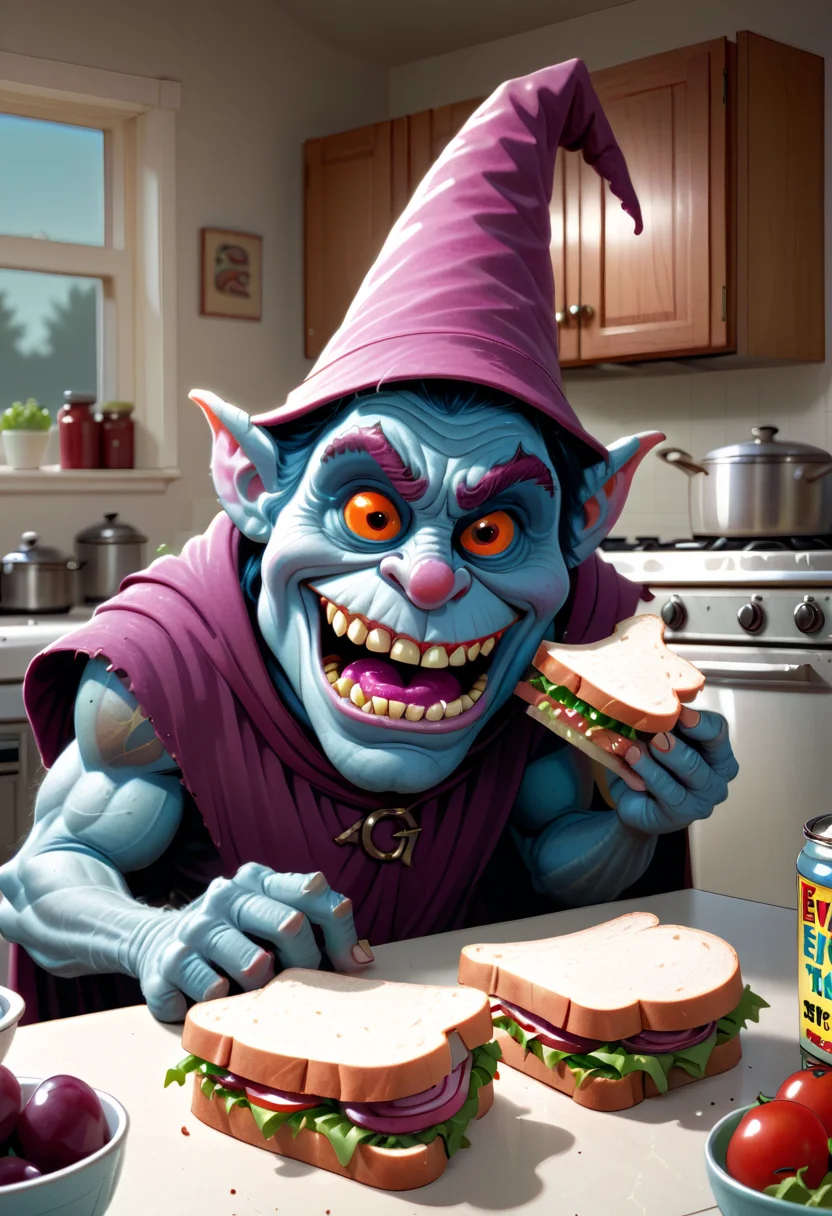 Vintage comic book with (title text: "EVERLY HEIGHTS TALES":1.2). a Dark troll wizard makes a sandwich in a suburban kitchen. <lora:Everly_Heights_Comics:1>