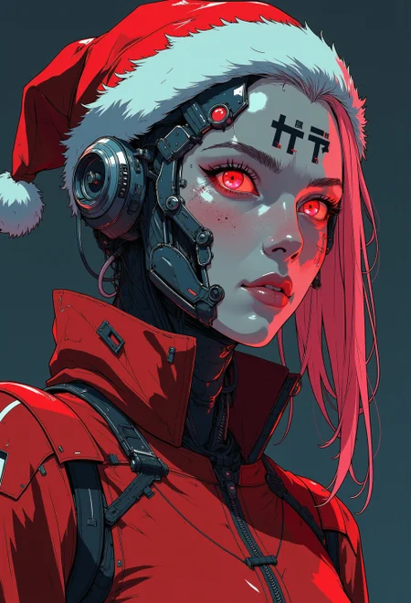 <lora:ck-nc-luminal-genesis:1>, close-up shot of a dressed in futuristic hard surfaced dark sci-fi, slightly oval cross section look, battle scratched armor, a santa suit, mysterious white skin mexican wabi-sabi female santa clause mercenary battle droid humanoid woman with a lot of mechanical parts looking at the viewer, highly detailed Mayhem style , background bizarre techno ghetto transmission, style minimalist, conceptual art posing Japanese, conceptual, illustration, cinematic, photo epic action, cinematic, award winning artwork, many details, patterned illumination, bad VHS tape image artifacts, anime style, key visual, vibrant, studio anime, neon red palette,
<lora:Anime v1.3:0.2>
<lora:CPA:0.4>