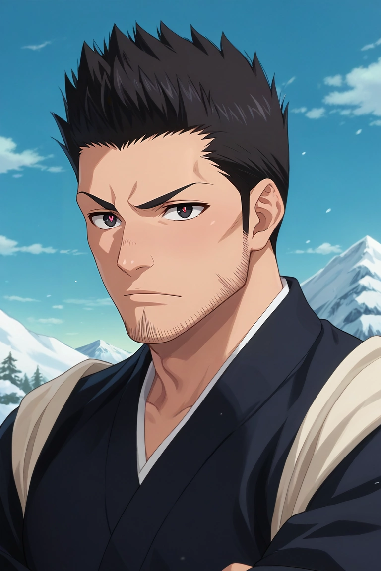 score_9, score_8_up, score_7_up, , rating_safe, , , , 1boy, solo, male focus, <lora:isshin_kurosaki_pony:0.98>, isshin_kurosaki, black hair, black eyes, short hair, spiked hair, facial hair, stubble, beard, sideburns, close-up, snowy mountain, day, sunny, crossed arms, heart eyes, easter costume, <lora:sdxl_lightning_8step_lora:1>
