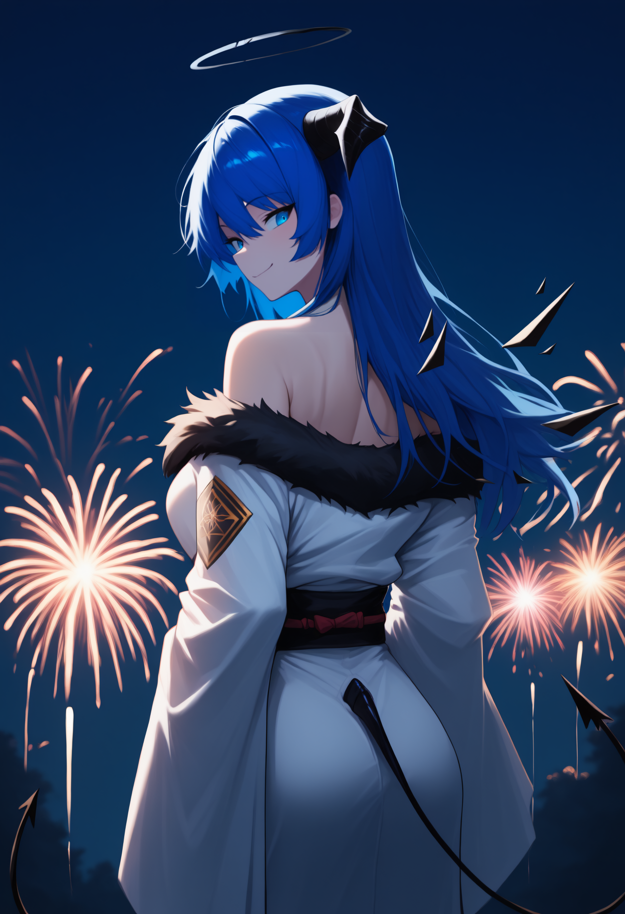 anime, masterpiece, best quality, newest, from behind, solo, 1girl, most1madef, black wings, energy wings, detached wings, demon tail, smile, looking back, blue hair, hair between eyes, black horns, demon horns, black halo, blue eyes, japanese clothes, fur trim, white kimono, off shoulder, black sash, bare shoulders, outdoors, night, fireworks
<segment:yolo-face_yolov8m.pt,0.4,0.5//cid=1>
