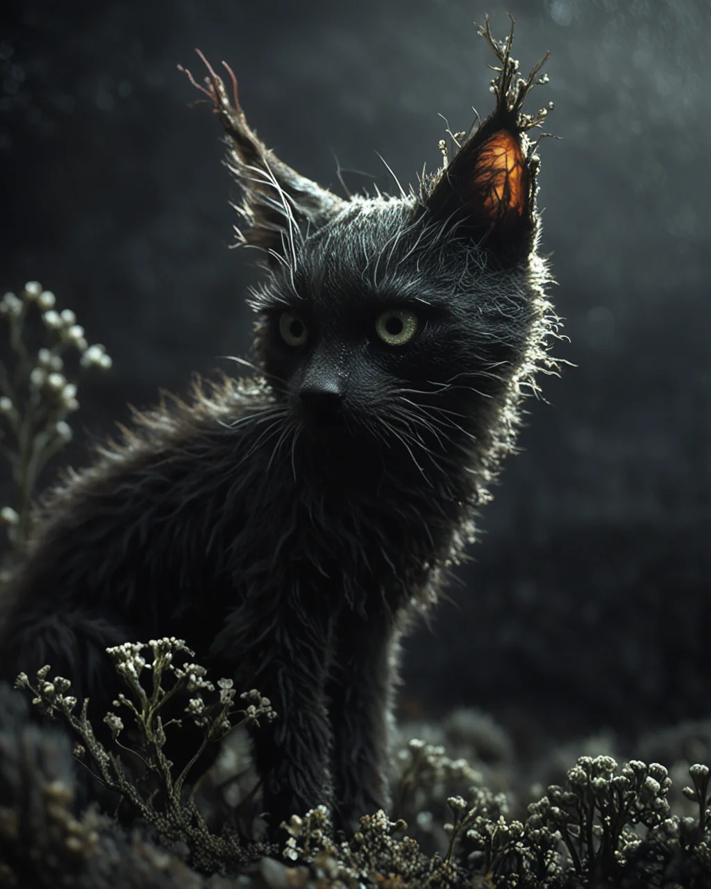 <greenmageddonPONY>, black cat at cemetery, dead flowers, gloomy background, detailed fur, backlight, detailed background, realistic artwork, no humans, score_9, close up,