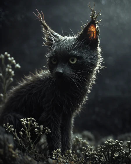 <greenmageddonPONY>, black cat at cemetery, dead flowers, gloomy background, detailed fur, backlight, detailed background, realistic artwork, no humans, score_9, close up,