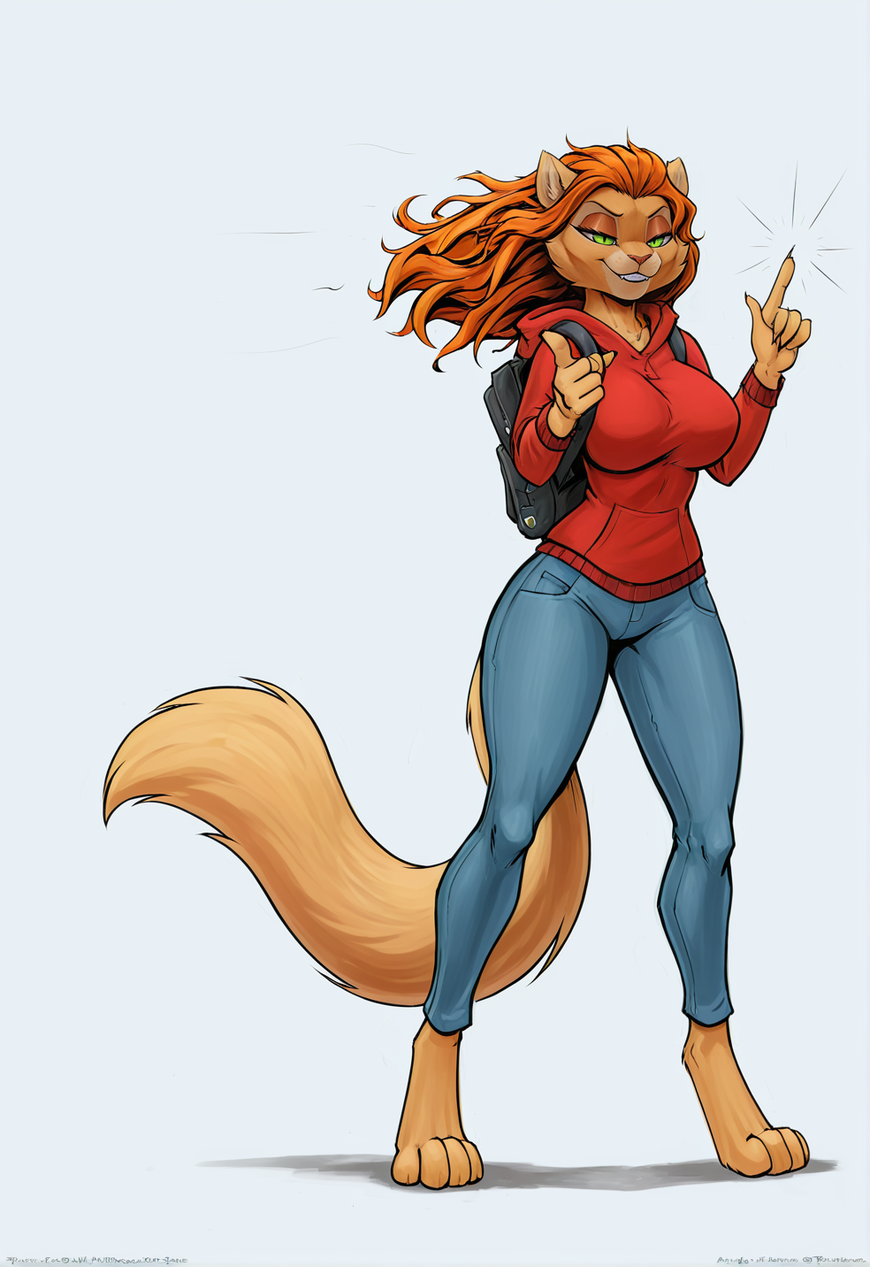 masterpiece, best quality, absurd res, hi res, catrina, felid, digitigrade anthro, tan fur, curvy, big breasts, apa style, solo, slim, backpack, clothes, cute, hoodie, jeans, pants, simple background, smirk, white background, wind, bed hair, finger gun, majestic as fuck, lidded eyes, monday blues, smiling, flowing hair, finger guns, sunset fonz, 3:4, <lora:Catrina_v1.0-IL:1>